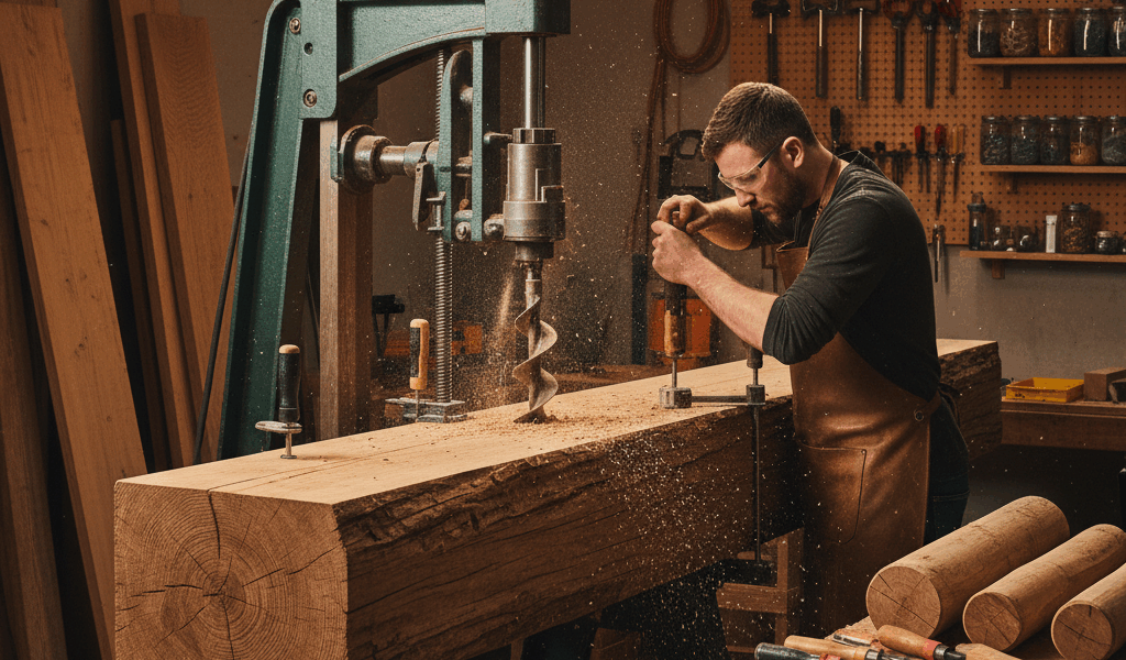 Professional woodworking image for article: Beam Drilling Techniques. Workshop, wood grain, tools, w