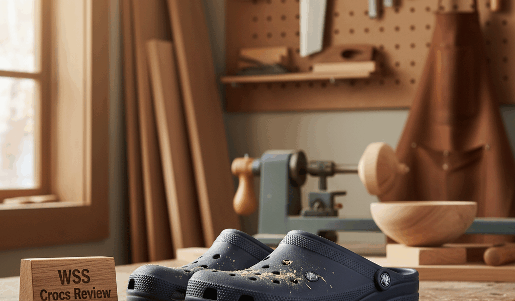 Professional featured image for woodworking article: WSS Crocs Review. High quality photography, wor