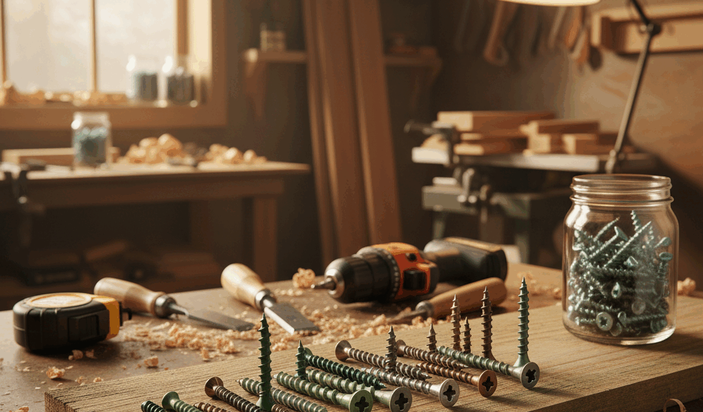 Professional woodworking image for article: Best Screws for Treated Wood. Workshop, wood grain, tool