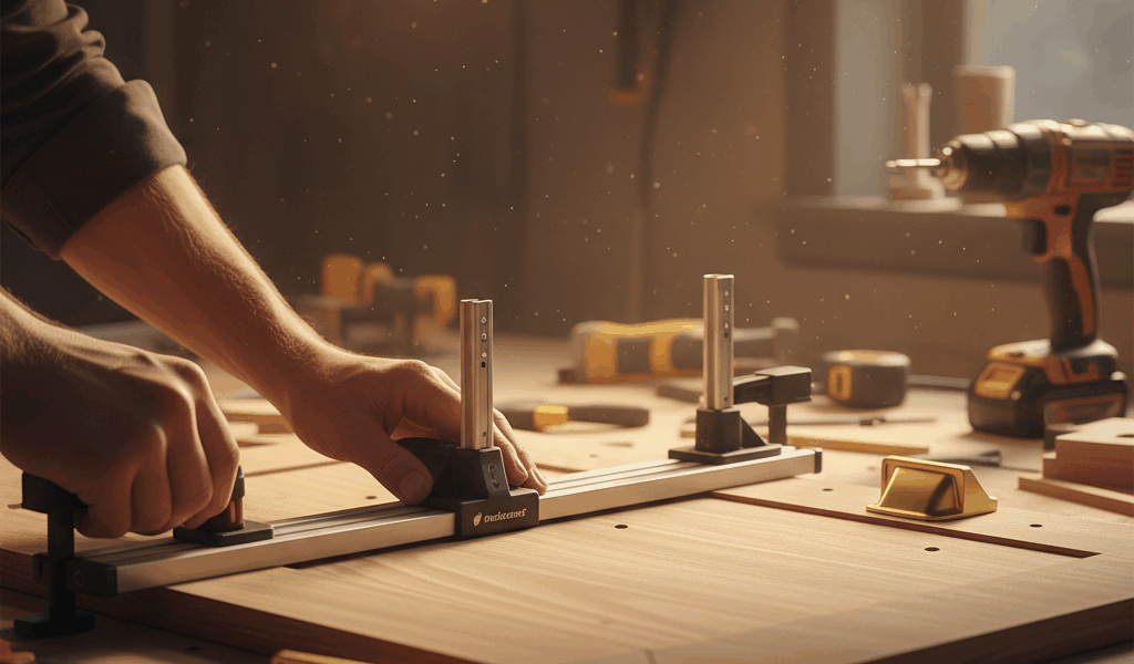 Professional woodworking image for article: Best Cabinet Hardware Jig Reviews. Workshop, wood grain,