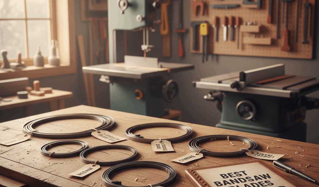 Professional featured image for woodworking article: Best Bandsaw Blades Reviewed. High quality phot