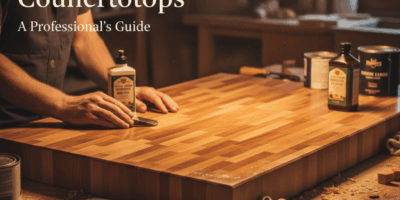 Professional featured image for woodworking article: Finishing Butcher Block Countertops. High quali