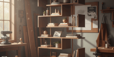 Professional featured image for woodworking article: Mid Century Modern Shelving Ideas. High quality