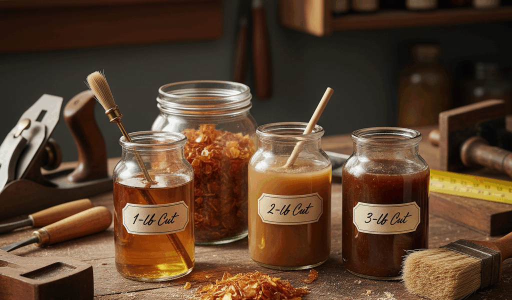 Professional featured image for woodworking article: Shellac Flakes: Mixing Ratios for Different Cut