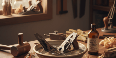 Professional woodworking image for article: How to Remove Rust with Vinegar. Workshop, wood grain, t