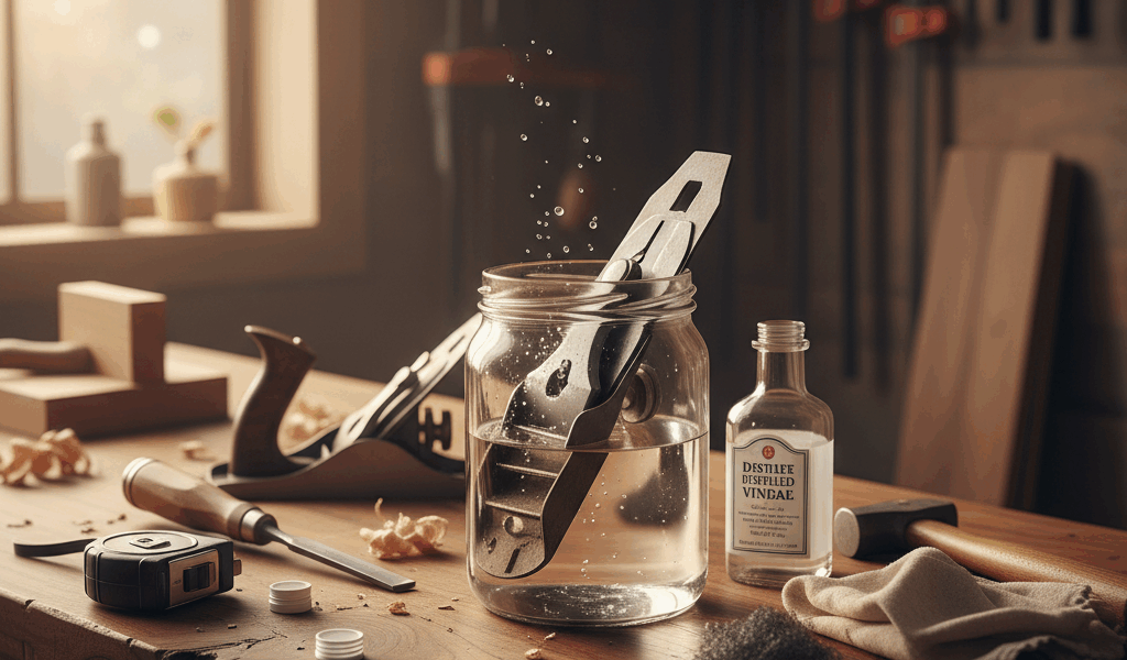 Professional woodworking image for article: How to Remove Rust with Vinegar. Workshop, wood grain, t