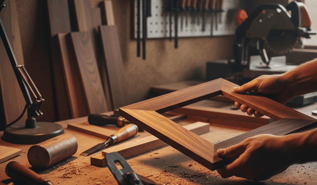 Professional woodworking image for article: DIY Picture Frame Building Guide. Workshop, wood grain, 
