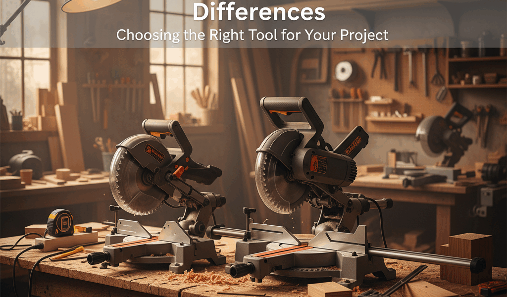 Professional featured image for woodworking article: Chop Saw vs Miter Saw Differences. High quality