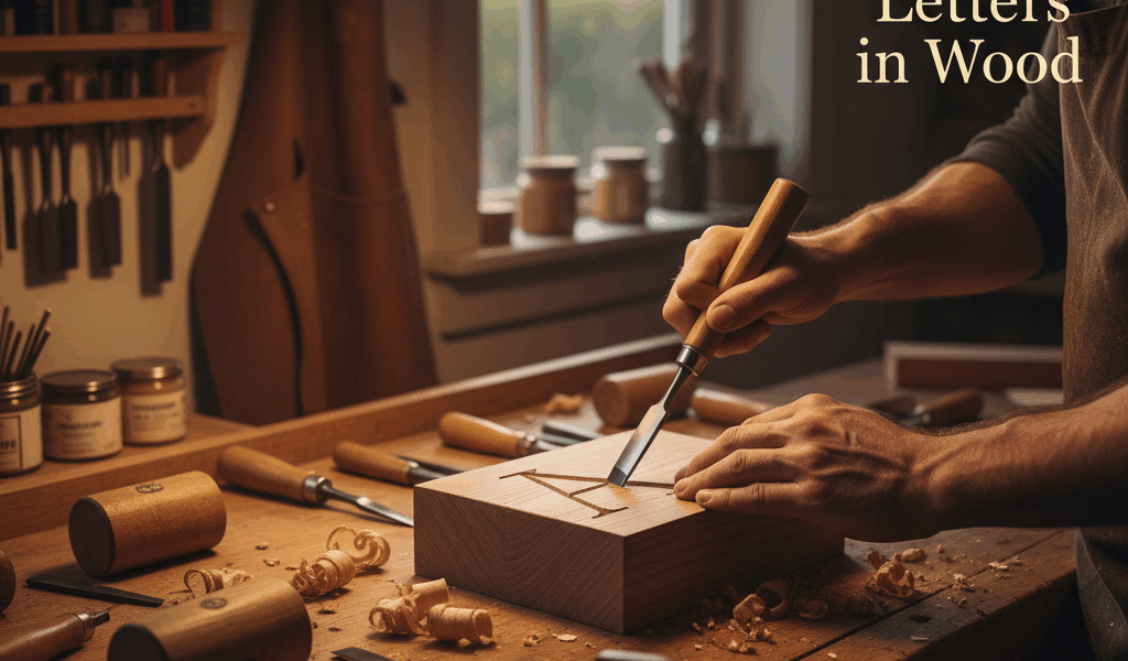 Professional woodworking image for article: How to Carve Letters in Wood. Workshop, wood grain, tool