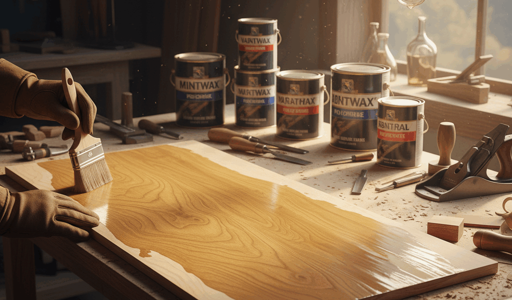 Professional woodworking image for article: Best Polyurethane for Wood Projects. Workshop, wood grai