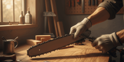 Professional woodworking image for article: Chainsaw Chain Direction Guide. Workshop, wood grain, to