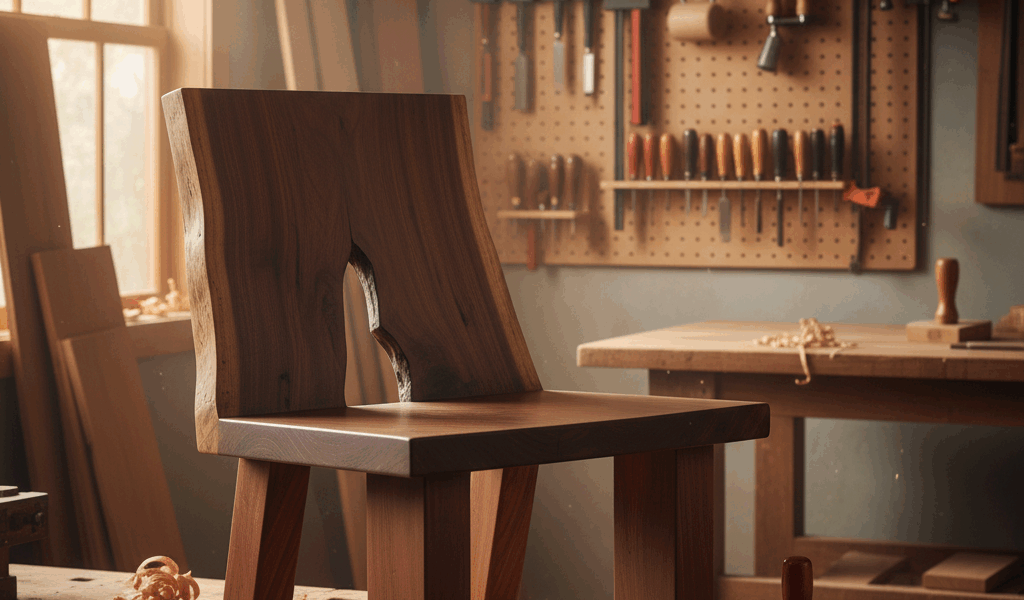 Professional featured image for woodworking article: Live Edge Slab Chair Plans. High quality photog