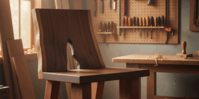 Professional featured image for woodworking article: Live Edge Slab Chair Plans. High quality photog