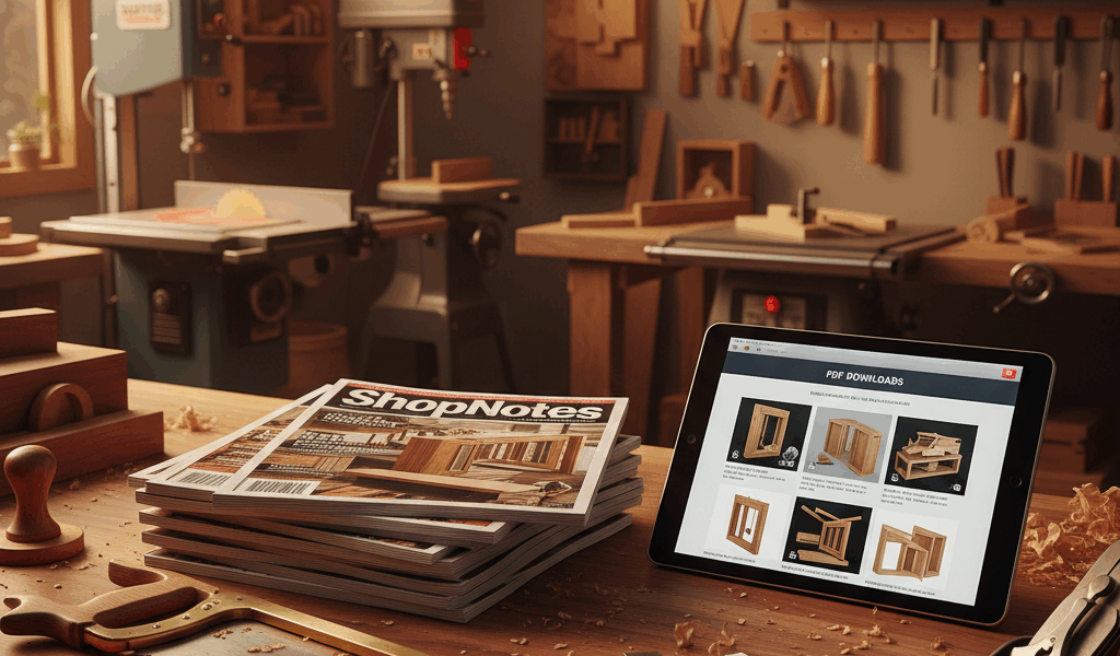 Professional woodworking image for article: ShopNotes PDF Downloads Guide. Workshop, wood grain, too