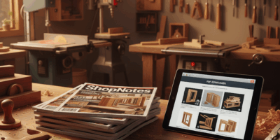 Professional woodworking image for article: ShopNotes PDF Downloads Guide. Workshop, wood grain, too