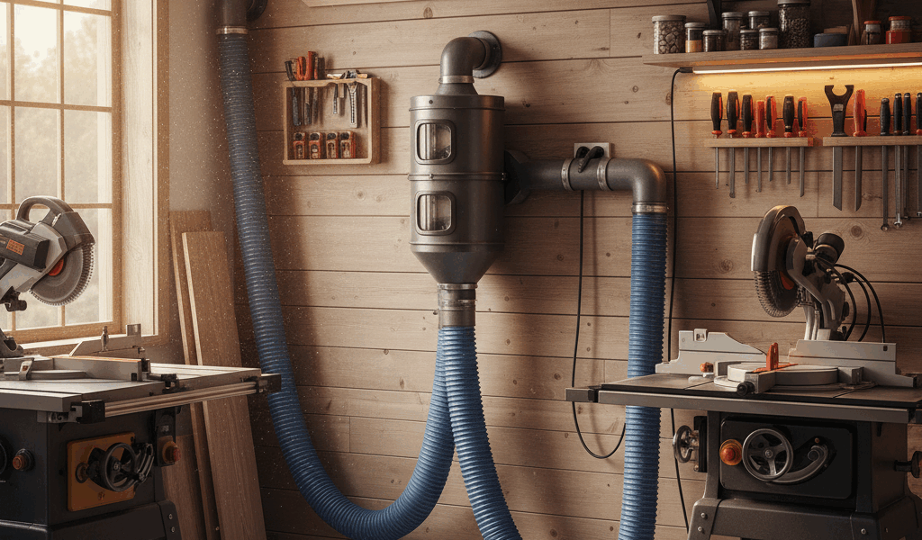 Professional featured image for woodworking article: Wall Mount Dust Collectors for Workshops. High 