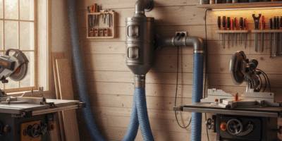 Professional featured image for woodworking article: Wall Mount Dust Collectors for Workshops. High