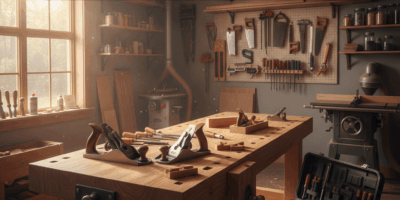 Professional woodworking image for article: How to Build a Work Bench. Workshop, wood grain, tools,