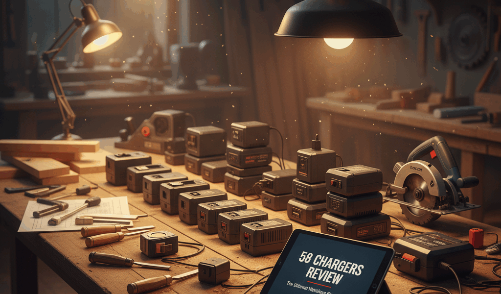 Professional featured image for woodworking article: 58 Chargers Review. High quality photography, w