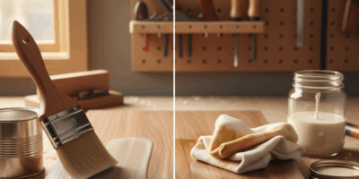 Professional featured image for woodworking article: Polyurethane Application: Brush vs Wipe-On Meth