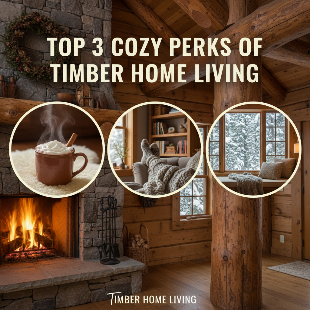 Professional blog header image for article titled: Top 3 Cozy Perks of Timber Home Living. High quality, relevant imagery, clean composition.