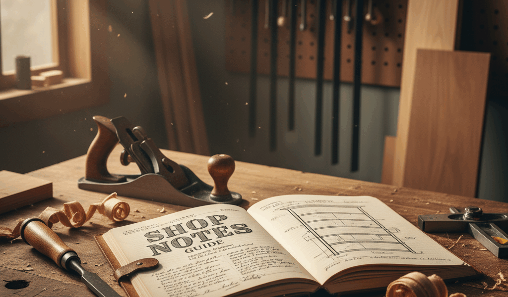 Professional featured image for woodworking article: Shop Notes Com Guide. High quality photography,