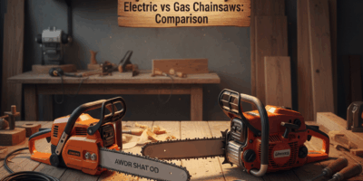 Professional woodworking image for article: Electric vs Gas Chainsaws: Comparison. Workshop, wood gr