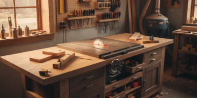 Professional woodworking image for article: Table Saw Workstation Guide. Workshop, wood grain, tools