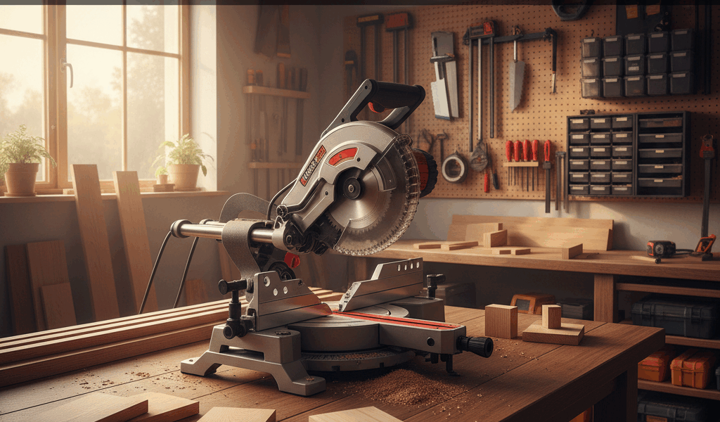 Professional woodworking image for article: Best Sliding Compound Miter Saws. Workshop, wood grain, 
