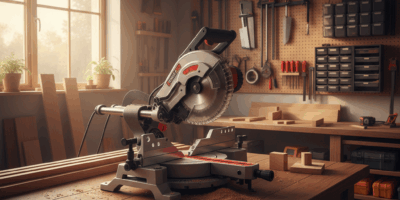 Professional woodworking image for article: Best Sliding Compound Miter Saws. Workshop, wood grain,