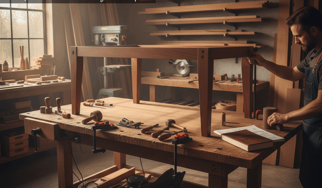 Professional featured image for woodworking article: How to Build Tables. High quality photography, 