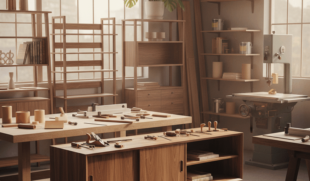 Professional woodworking image for article: Mid Century Modern Shelving Styles. Workshop, wood grain