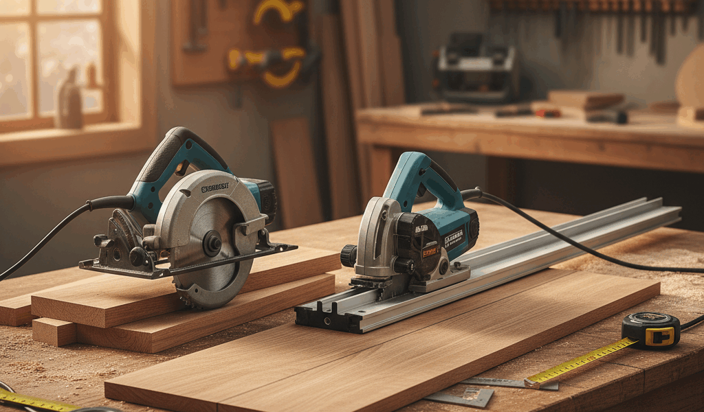 Professional featured image for woodworking article: Circular Saw vs Track Saw: Straight Cut Accurac