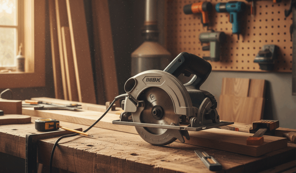 Professional woodworking image for article: Best Circular Saws for Woodworking. Workshop, wood grain