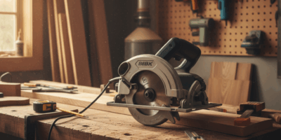 Professional woodworking image for article: Best Circular Saws for Woodworking. Workshop, wood grain