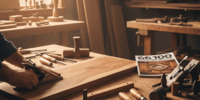 Professional woodworking image for article: 66 100 Magazine Review. Workshop, wood grain, tools, war