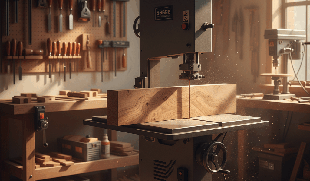 Professional woodworking image for article: Best Band Saws for Woodworking. Workshop, wood grain, to