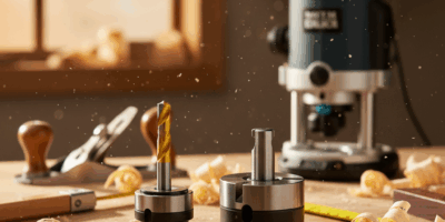 Professional featured image for woodworking article: Router Collet Sizes: 1/4-Inch vs 1/2-Inch Bits.