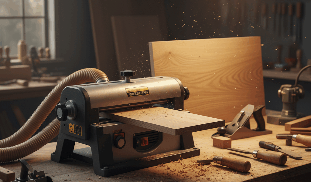 Professional woodworking image for article: 7 Best Benchtop Planers for Smooth Results. Workshop, wo