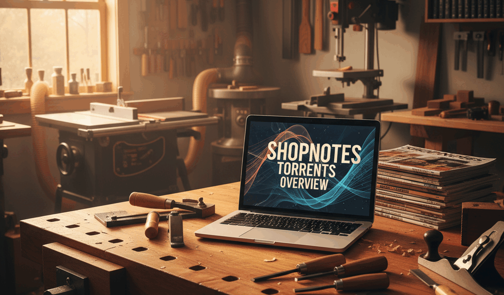 Professional woodworking image for article: ShopNotes Torrents Overview. Workshop, wood grain, tools