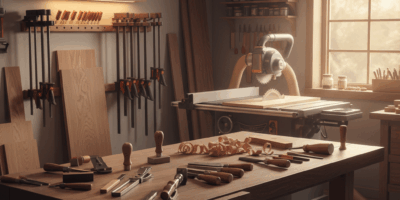 Professional woodworking image for article: MLCSWoodworking Guide. Workshop, wood grain, tools, warm