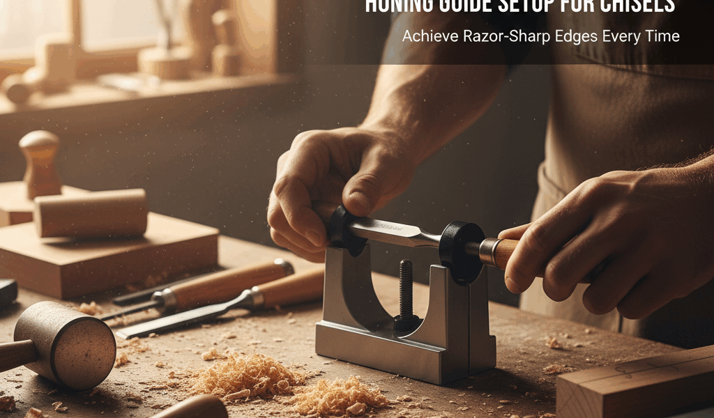 Professional featured image for woodworking article: Honing Guide Setup for Chisels. High quality ph