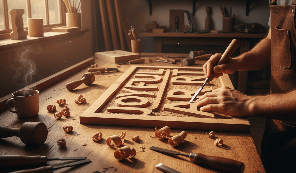 Professional woodworking image for article: Mastering the Joyful Art of Wood Letter Carving. Worksho