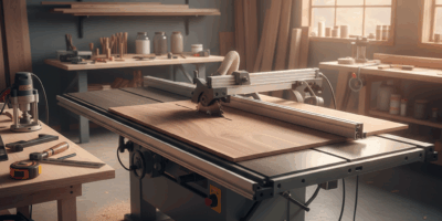 Professional woodworking image for article: Sliding Carriage Panel Saws Guide. Workshop, wood grain,