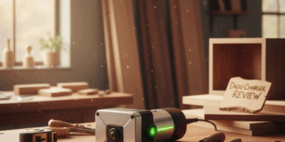 Professional woodworking image for article: Dado Charger Review. Workshop, wood grain, tools, warm l