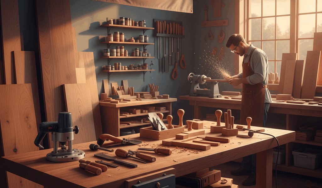 Professional woodworking image for article: 101 Woodworking Tips. Workshop, wood grain, tools, warm 