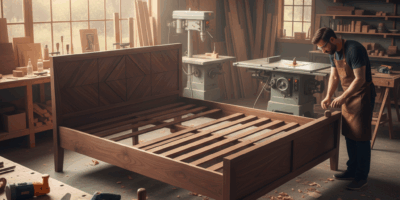 Professional woodworking image for article: King Size Wood Bed Frames. Workshop, wood grain, tools,