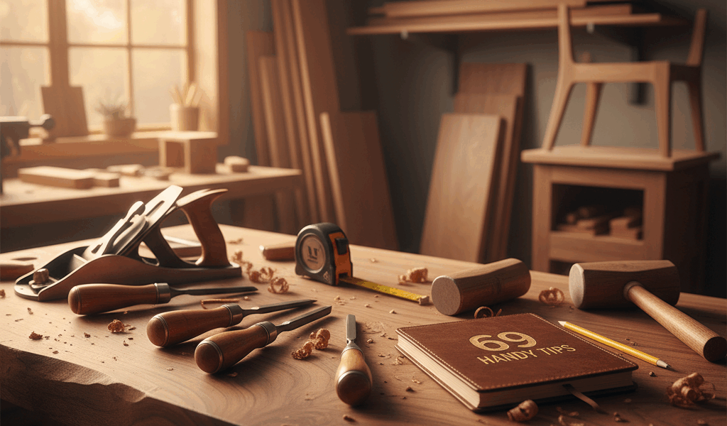 Professional woodworking image for article: 69 Handy Tips. Workshop, wood grain, tools, warm lightin