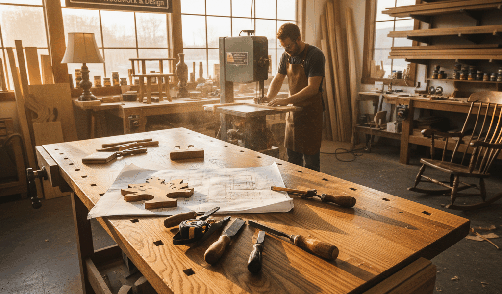 Professional woodworking image for article: PTreeUSA Overview. Workshop, wood grain, tools, warm lig