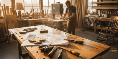 Professional woodworking image for article: PTreeUSA Overview. Workshop, wood grain, tools, warm lig